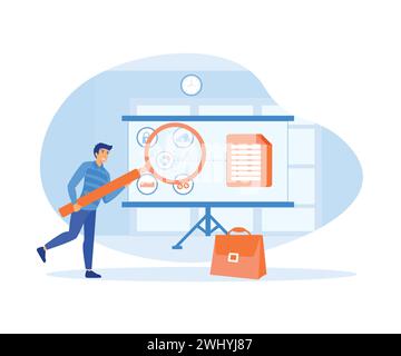 Geschäftsmann, der Big Data auf Graphen mit Lupe analysiert. Moderne Illustration des flachen Vektors Stock Vektor