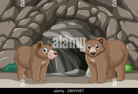Zwei Karikaturbären in der Nähe eines felsigen Höhleneingangs Stock Vektor