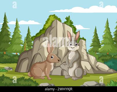 Zwei Karikaturkaninchen in der Nähe von Felsen und Kiefern Stock Vektor