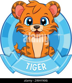 Niedliches Tigerjunges in einem glänzend blauen Abzeichen Stock Vektor