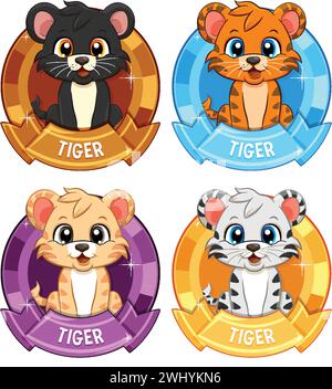Vier stilisierte Tigerfiguren in lebendigen Abzeichen Stock Vektor