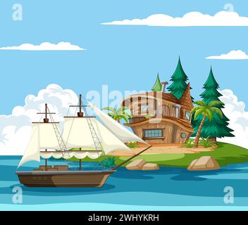 Vektor-Illustration eines Schiffes in der Nähe eines tropischen Inselhauses Stock Vektor