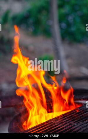 Flammen, Grill, Grill im Garten, Grillen, Kochen im Freien, Feuer, Grillflammen, Grillparty, Sommerkochen Stockfoto