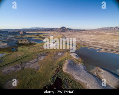 Drohnenbild, Tecopa, Kalifornien, Wassereinzugsgebiete, Inyo County, Luftaufnahme, Landschaft, Landschaft, Landschaft, Topographie Stockfoto