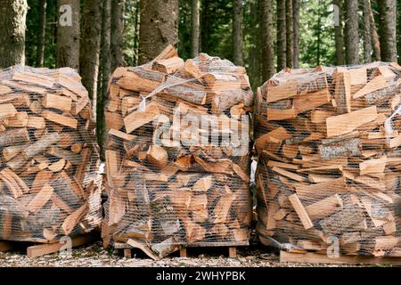 Brennholzstapel liegen in transparenten Netzsäcken auf Paletten zwischen den Bäumen Stockfoto