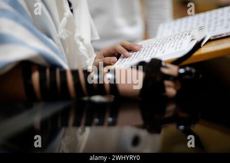 Junger Mann, der vor der Bar-Mitzwa-Feier die Thora liest. Ich trage Tefillin auf der rechten Seite. Stockfoto