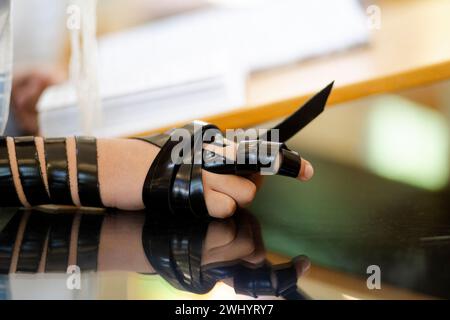 Junger Mann, der vor der Bar-Mitzwa-Feier die Thora liest. Ich trage Tefillin auf der rechten Seite. Stockfoto