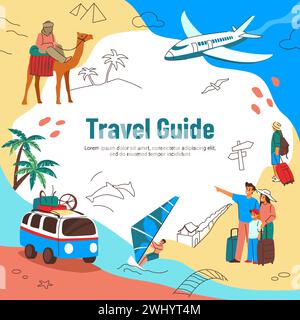 Sommerreisen. Touristenführer. Familie mit Koffer und Kamera. Herbstreise nach Ägypten. Flugzeugflug. Auto-Van. Leute Urlaub. Tourismus und Sightseeing. Entspannen Sie sich am Strand. Vektorabbildung Stock Vektor