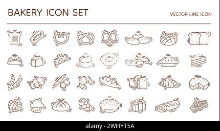 Brotsymbole. Logo für Bäckerei. Leinteig. Leckeres Brötchen oder Brot. Back Food Emblem. Croissant und Brötchen. Logotyp für süße Kuchen. Weizenbagel oder Brezel. Baguette für Toastscheiben. Vektorkontursymbole festgelegt Stock Vektor