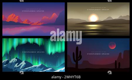 Naturlandschaft. Nachthimmel. Sonnenaufgang in den Bergen. Aurora und Sterne. Mond in der Wüste. Sonnenuntergangslicht auf dem Weltall. Wilder Wald. Horizont-Panorama. See-Wasser-Wellen. Malerischer Felsgrat. Vektorhintergründe festgelegt Stock Vektor