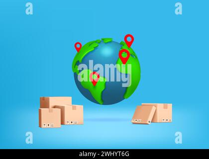 3D-Weltkarte. Logistische und globale Lieferung. Globus-Navigation. Planet Erde. Internationale Paketverfolgung oder Adressenversand. GPS-Positionsstifte. Renderkästen. Expressversand. Vektorhintergrund Stock Vektor