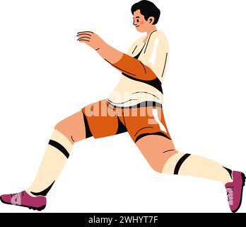 Fußballspieler auf dem Fußballfeld, der zum Ball läuft. Isolierte männliche Cartoon-Persönlichkeit in Uniform, die im Spiel auftritt. Professionelle Sportlerausbildung o Stock Vektor