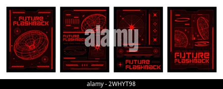 Posterdesign in y2k-Ästhetik mit abstrakter geometrischer Mischung aus 3D-Form und Typografie auf schwarzem Hintergrund. Bannerschablone Set mit minimalistischer Streetwear-Retrofuturistik-Komposition. Stock Vektor