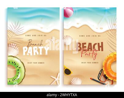 Sommer Beach Party Text Vektor Poster Set Design. Einladungskarten für Sommerpartys mit Muscheln und Floatern, Strandelementen in Sandstrand Stock Vektor