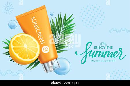 Sommer Sonnenschutz Vektor Banner Design. Sommerlotion mit orangefarbenem Duft für Kosmetikelemente für die heiße, sonnige tropische Saison Stock Vektor