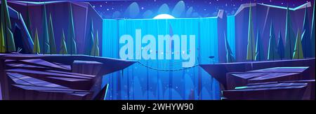 Seilbrücke, die zwischen den Kanten der gefährlichen Felsenklippe hängt, mit dem Hintergrund eines hohen Wasserfalls bei Nacht. Dunkle Karikaturlandschaft in der Abenddämmerung mit einer abenteuerlichen Fußgängerbrücke über einen breiten Fluss in Bergen. Stock Vektor