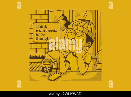 Denken Sie darüber nach, was gedacht werden muss. Eine alte Illustration eines Jungen im Café denkt an etwas Stock Vektor