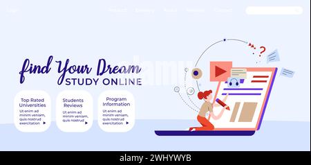 Studieren Sie online, lesen Sie die am besten bewerteten Universitäten, Studentenbewertungen und Programminformationen. Finden Sie Ihren Traumkurs und lernen Sie sich kennen. Website-Landing-Page t Stock Vektor