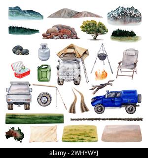 Allradwagen, Zelt, Pavillon, Lagerfeuer, Stuhl, Kühler. Sammlung von Aquarellillustrationen mit passenden Hintergründen für Camping und Touren Stockfoto