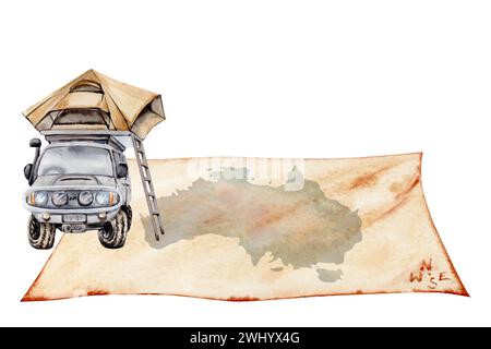 Tourenkomposition mit Geländewagen im Geländewagen mit Dachzelt und Leiter. Australische Karte im Hintergrund. Aquarellabbildung auf weißem Hintergrund Stockfoto