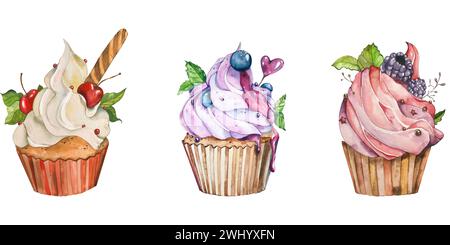 Set von Aquarellkuchen mit Creme und Beeren: Brombeeren Heidelbeeren Kirschen. Mit herzförmigen Lutschblättern und Keksen. Abbildung isolieren Stockfoto