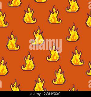 Brennendes Feuer, pixelförmige Flamme. Entzündung oder glühende Flammen. Pixelgrafik, 8-Bit-Retro-Grafik. Wiedergabe von Oberflächen- oder Detailelementen. Hintergrundbild oder Backgr Stock Vektor