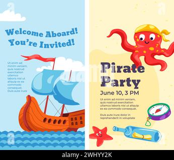 Piratenparty, willkommen an Bord. Poster mit Datum, Einladung für Kinder und Erwachsene. Spaß an Freizeit und Aktivitäten für Kinder und Eltern. Werbeaktion Stock Vektor