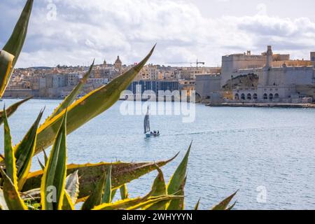 Ein Segelboot überquert den Hafen von Valletta, Malta, von Fort St. Elmo in Birgu Stockfoto