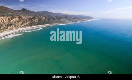 Luftbild, Mussel Shoals Beach, Long Pier, Highway 101 CA, Ventura Coast, Carpinteria, Little Rincon, Küstenlandschaft, Highway 101 Stockfoto