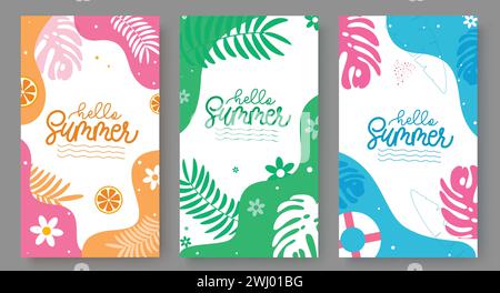 Summer Hello abstraktes Vektor-Poster-Set. Hallo-Sommergrußtext mit Dekorationselementen für tropische abstrakte Vorlagen Stock Vektor