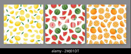 Sommer Früchte nahtlose Vektor Poster Set. Tropische Fruchtelemente wie Zitronen-, Wassermelonen- und Orangensaft-Kollektion. Stock Vektor