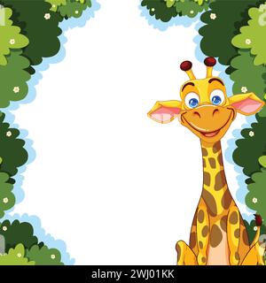 Eine fröhliche Giraffe umgeben von grünem Waldlaub. Stock Vektor