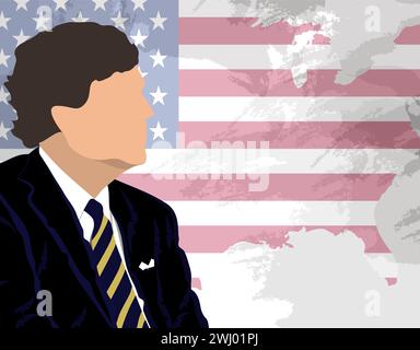 Der amerikanische Journalist Tucker Carlson auf dem Hintergrund einer US-Karte mit Flaggenstruktur. Stockfoto