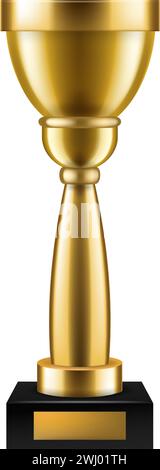 Realistischer goldener Siegerpokal. Goldener Trophäenpreis auf weißem Hintergrund. Sportmeisterschaft erster Platz, schwarzer Sockel und leeres Namensschild, Tor Stock Vektor