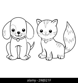 Katze und Hund. Zeichentrickfiguren, ein Hund und eine Katze. Schwarzweiß-Illustration. Schwarzweiß-Ausmalseite Stockfoto