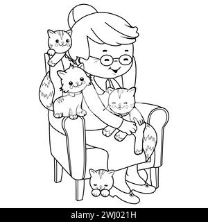 Eine alte Frau zu Hause sitzt in ihrem Sessel mit ihren Katzen. Oma in ihrem Sessel in ihrem Wohnzimmer mit ihren Kätzchen. Schwarz-weiß. Stockfoto