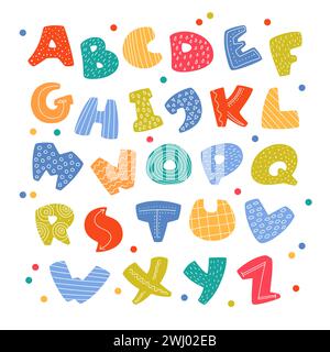 Bunte Kinderschriftart. Lustiges helles abc, moderne verspielte Buchstaben Cartoon primitives Design, niedliches kindliches Alphabet, Kinderzimmer Dekoration, Baby Bildung Stock Vektor