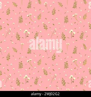 Botanisches nahtloses Muster handgezeichnet. Rosafarbener Hintergrund mit Pflanzen. Minimalistischer Stil. Vektorabbildung. Stock Vektor