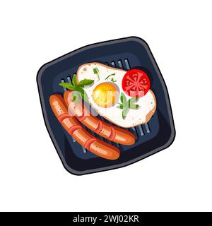 Rührei mit Würstchen und frischen Kräutern. Realistischer Stil. Spiegelei mit Gewürzen bestreut. Vektorabbildung. Stock Vektor