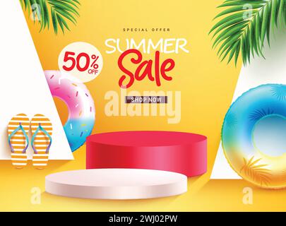 Sommerangebot Podium Vektor Banner Design. Text zum Sommerangebot mit Floatern und Podiumsbühne für saisonale Shoppingwerbung. Stock Vektor