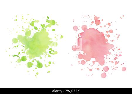 Neongrüne und pastellrosa Aquarelle spritzen handgezeichnete Illustrationen. Abstrakte künstlerische Flecken und Flecken Stockfoto