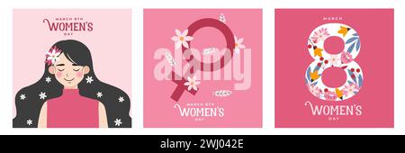 Set mit Kartenvorlagen für den Internationalen Frauentag mit verschiedenen Mädchen und Blumen. Sammlung moderner Kartendesigns mit Inschrift und Platz am 8. März Stock Vektor