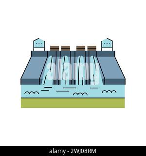 Symbol für die Farblinie des Wasserkraftwerks. Alternative Energiequelle. Vektorisoliertes Element. Bearbeitbare Kontur. Stock Vektor