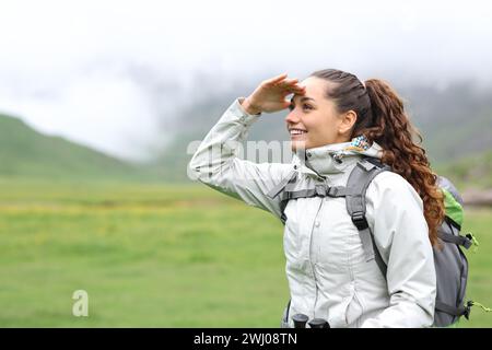 Wanderer auf der Suche mit Hand auf Stirn im Berg Stockfoto