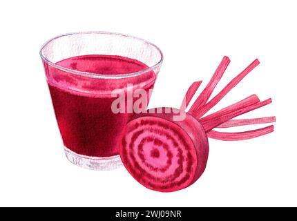 Gesunder Rüben-Smoothie mit Roter Bete. Handgezeichnete Aquarellillustration isoliert auf weißem Hintergrund Stockfoto