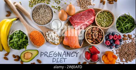 Lebensmittel, die für die Schwangerschaft empfohlen werden. Gesunde Ernährung Stockfoto