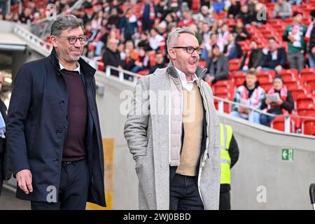 Stuttgart, Deutschland. Februar 2024. Fußball: Bundesliga, VfB Stuttgart - FSV Mainz 05, Spieltag 21, MHPArena. Stuttgarter Präsident Claus Vogt (l) und Stuttgarter Geschäftsführer Alexander Wehrle (r) betreten das Stadion. Hinweis: Harry langer/dpa – WICHTIGER HINWEIS: gemäß den Vorschriften der DFL Deutscher Fußball-Liga und des DFB Deutscher Fußball-Bundes ist es verboten, im Stadion und/oder des Spiels aufgenommene Fotografien in Form von sequenziellen Bildern und/oder videoähnlichen Fotoserien zu verwenden oder zu nutzen./dpa/Alamy Live News Stockfoto