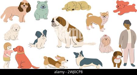 Niedliche handgezeichnete Cartoonish Hunde Vektor-Illustration Set isoliert auf Einem weißen Hintergrund. Stock Vektor
