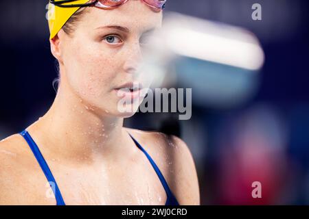 Doha, Katar. Februar 2024. Sophie Hansson aus Schweden tritt am 12. Februar 2024 im Aspire Dome in Doha (Katar) an der Vorrunde für den Brustschlag der schwimmenden Frauen 100 während der 21. Aquatikweltmeisterschaft an. Quelle: Insidefoto di andrea staccioli/Alamy Live News Stockfoto