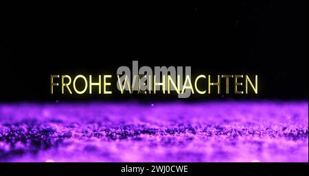 Bild von Frohe wippt Text über violetten Partikeln, die auf schwarzen Hintergrund fallen Stockfoto